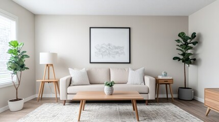 Fototapeta premium minimalist interior design neutral tones mindfulness Modern living room featuring a light sofa, decorative plants, and a minimalist design.