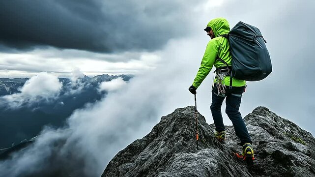 An alpinist in a bright green jacket carries a heavy backpack while ascending the last stretch of a craggy mountain, surrounded by dramatic clouds.