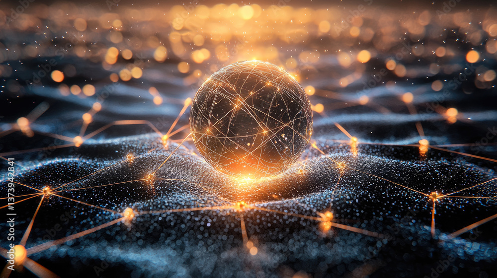 Poster glowing sphere surrounded by interconnected lines and particles creates mesmerizing visual effect, representing technology and innovation in digital landscape