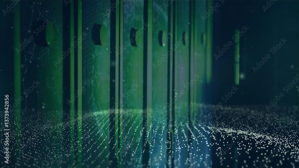 Poster animation of glowing particles flowing over green server racks in data center