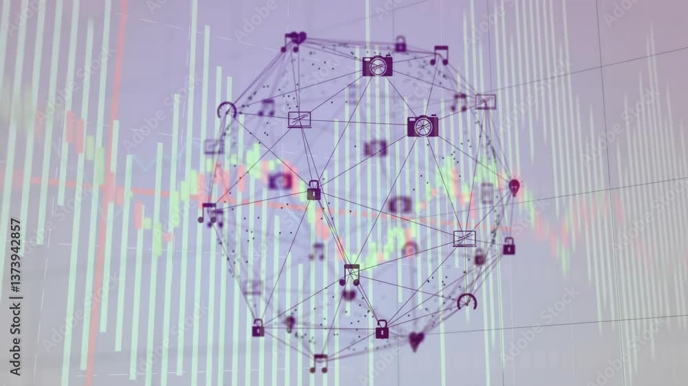 Poster network of connections and data processing animation over financial graphs