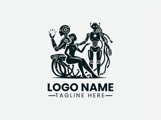 Robot And Human Friends Vector Logo Design, Human Robot Friendship Logo Friendly Robot And Human Logo