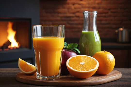 Healthy Fresh Fruit Juice in Cozy Winter Setting - Refreshing Beverage on Wooden Board with Warm Fireplace Background