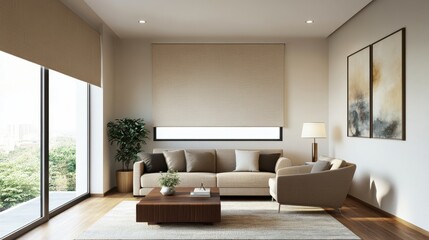 minimalist interior design  neutral tones  mindfulness Modern living room with natural light, stylish furniture, and a cozy atmosphere.