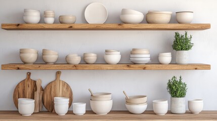 minimalist interior design  neutral tones  mindfulness Minimalist kitchen shelves display an array of ceramic bowls and pots, complemented by greenery.