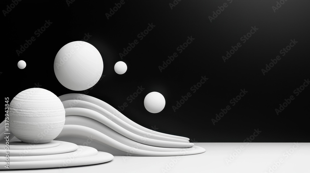 Poster minimalist monochrome rendering of spheres and undulating layers in a stark, stylish composition.