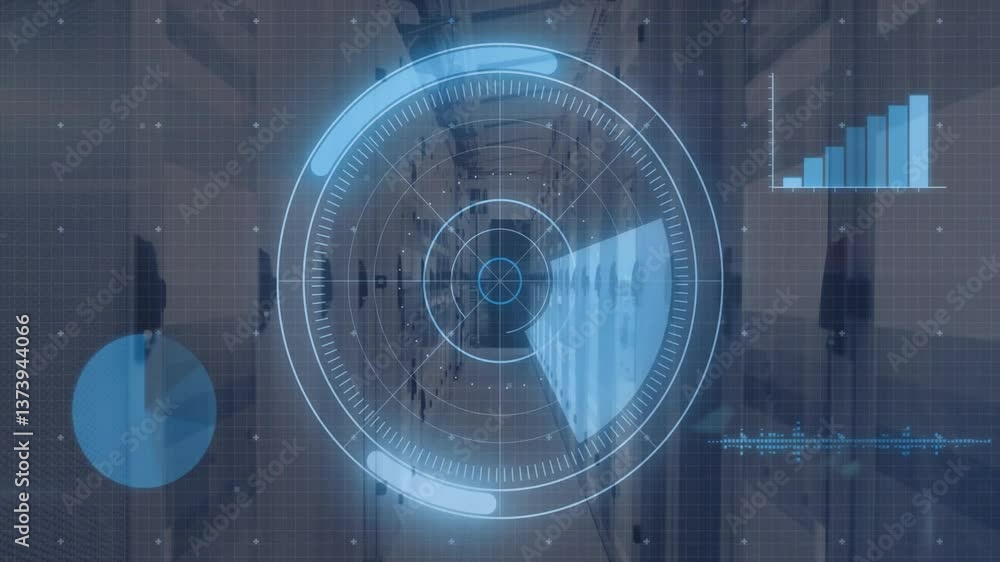 Poster animation of futuristic digital interface with circular hud elements in hallway