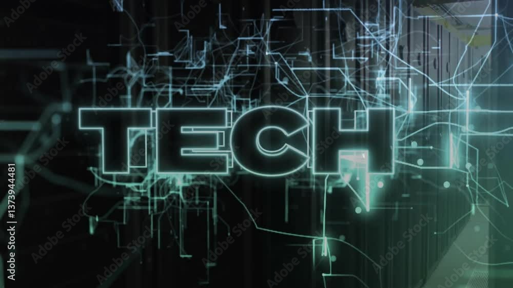 Poster animation of glowing tech text with digital circuit lines on dark background