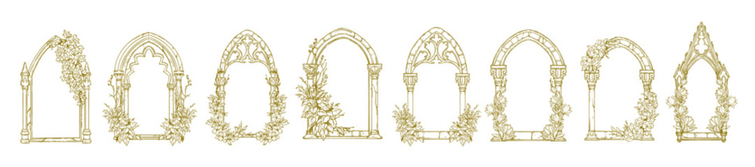 Wedding floral arch frame window set, elegant vector hand drawn invitation border flowers design. Vintage classic anniversary decorative graphic, antique line spring celebration kit. Wedding frame © Oleksandra