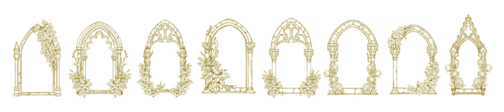 Wedding floral arch frame window set, elegant vector hand drawn invitation border flowers design. Vintage classic anniversary decorative graphic, antique line spring celebration kit. Wedding frame
