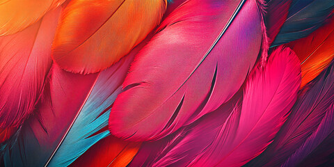 Banner with vibrant multicolored exotic bird feathers