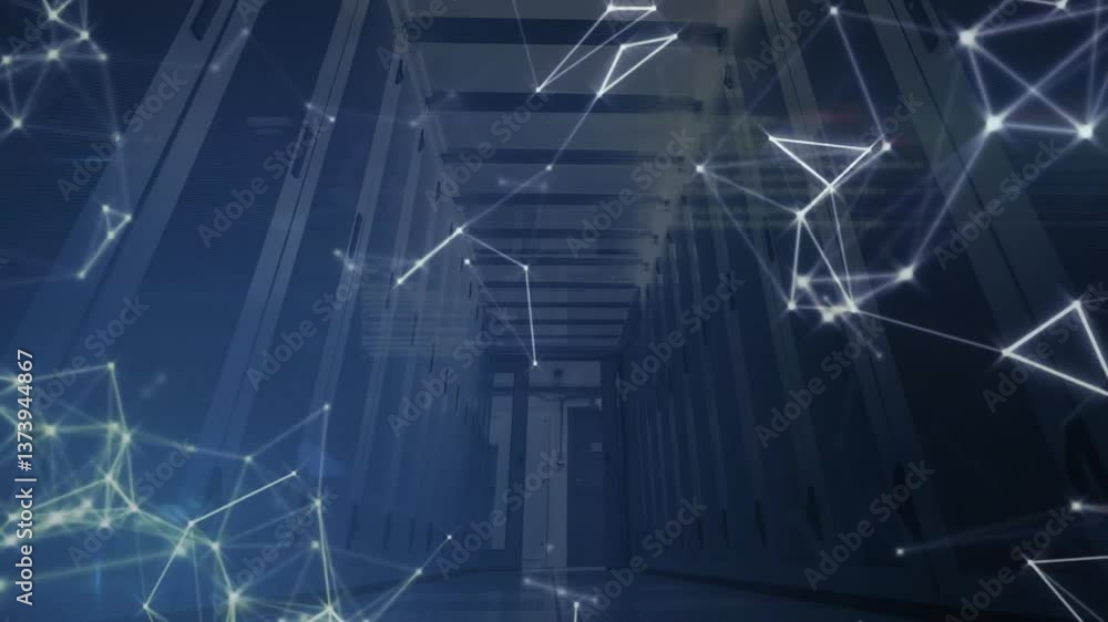 Poster network of connections and data processing animation over server room corridor