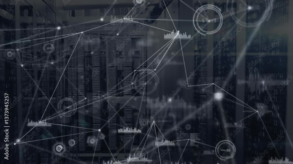 Poster network of connections and data processing animation over server room background