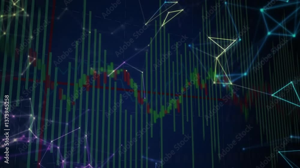 Poster animation of financial data graph with digital network connections in school setting