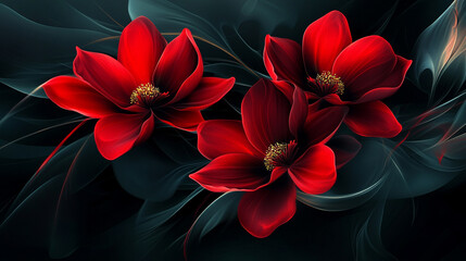 Fototapeta na wymiar Piękne abstrakcyjne czerwone kwiaty na czarnym tle, dekoracja generative ai 