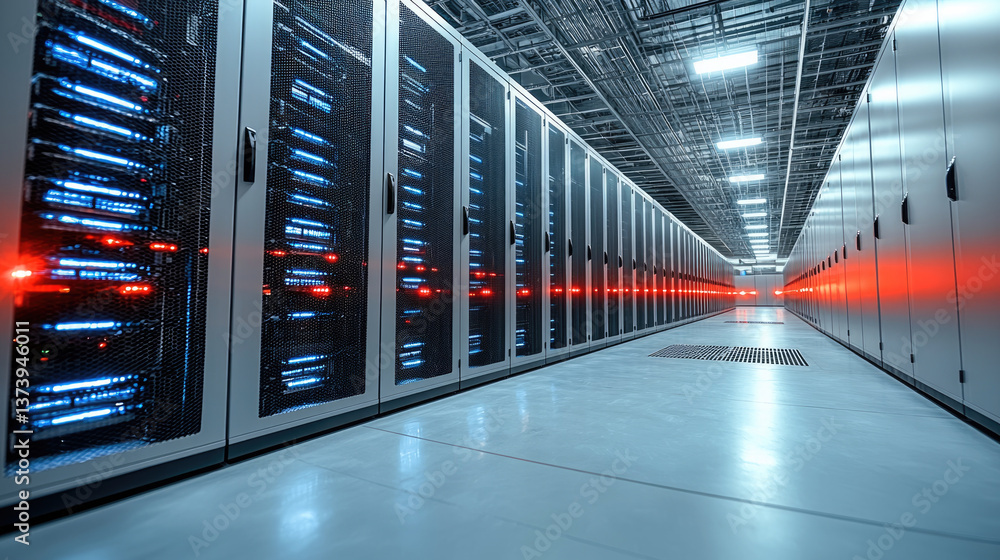 Aufkleber modern data center featuring rows of server racks with illuminated components, showcasing advanced technology and infrastructure. environment is sleek and organized, emphasizing efficiency