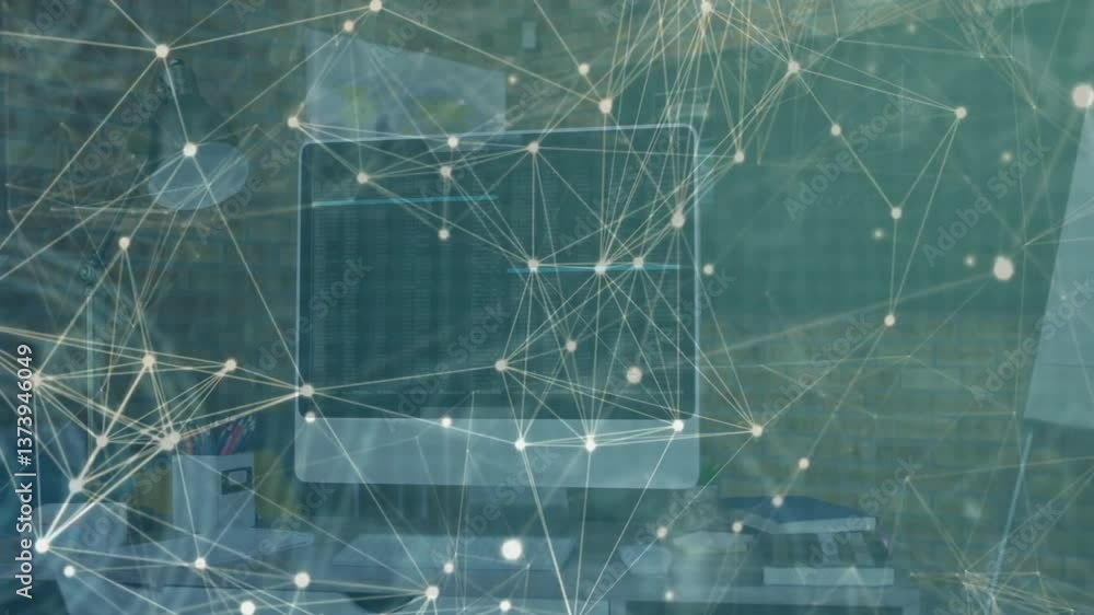 Poster network of connections and data processing animation over computer screen in office
