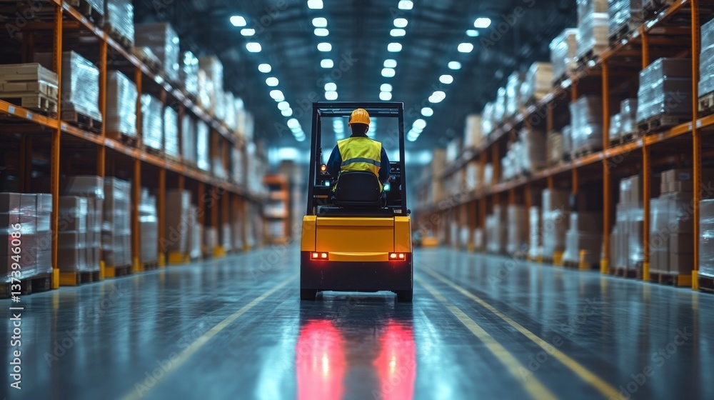 Poster a worker in a safety vest drives a forklift along a well organized warehouse aisle, surrounded by st