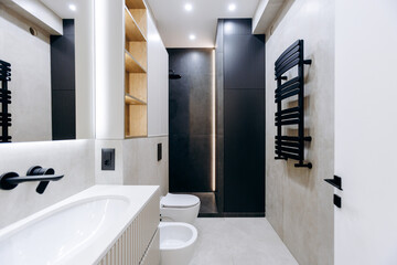 Explore a Modern Minimalistic Bathroom Design that includes Contemporary Fixtures and Finishes