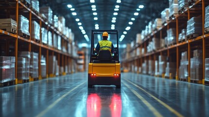 A worker in a safety vest drives a forklift along a well organized warehouse aisle, surrounded by stacked boxes in storage. The area is brightly lit, emphasizing efficient logistics operations.