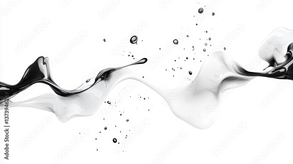 Poster abstract monochrome liquid art with contrasting dark and bright splatters creating a dynamic composi