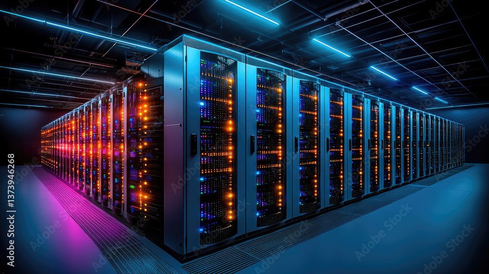 Fototapete modern data center featuring rows of server racks illuminated by vibrant blue and orange lights, showcasing advanced technology and sleek design. atmosphere is dynamic and high tech, reflecting