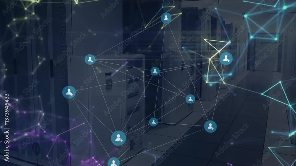 Aufkleber network of connections and data processing animation over server room environment