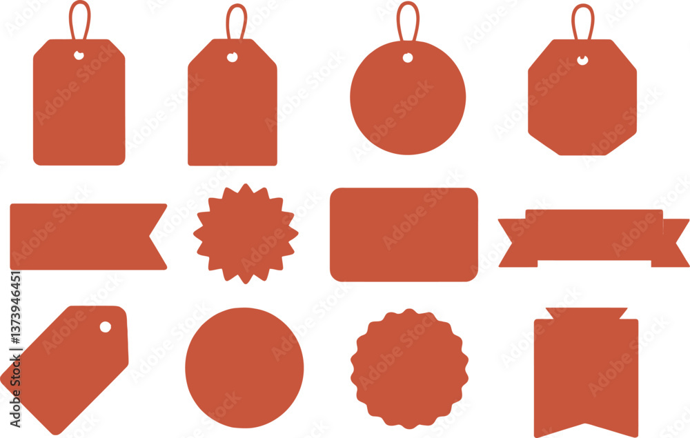 Poster different shapes of blank labels and tags in various designs and layouts arranged on a plain backgro