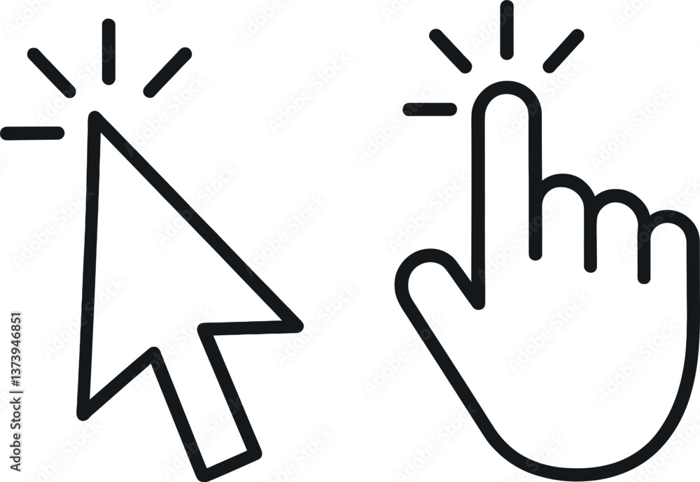 Poster cursor icon and hand gesture symbolizing click action for digital interaction and user engagement