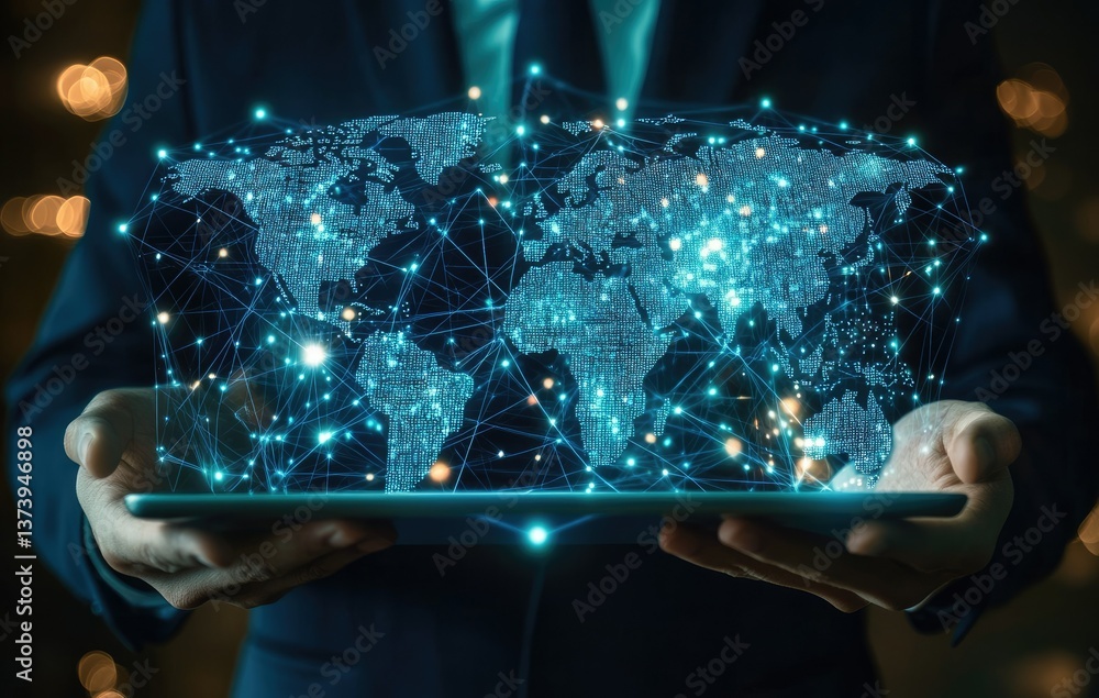 Poster a business professional holds a tablet displaying a glowing 3d world map. symbolizing global connect