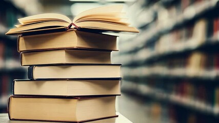 Stacked books on a table in a library with shelves of literature in the background