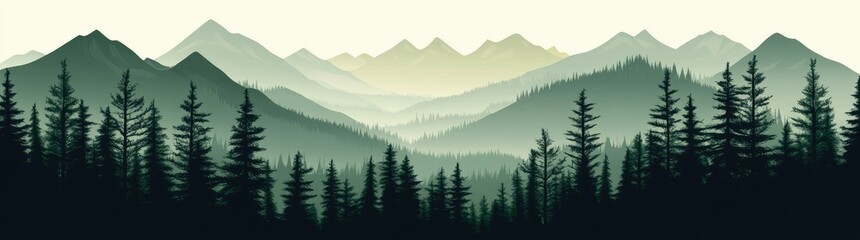 Serene mountain landscape with layered peaks and a dense forest in the foreground. conveying tranquility and natural beauty. ideal for nature-themed projects