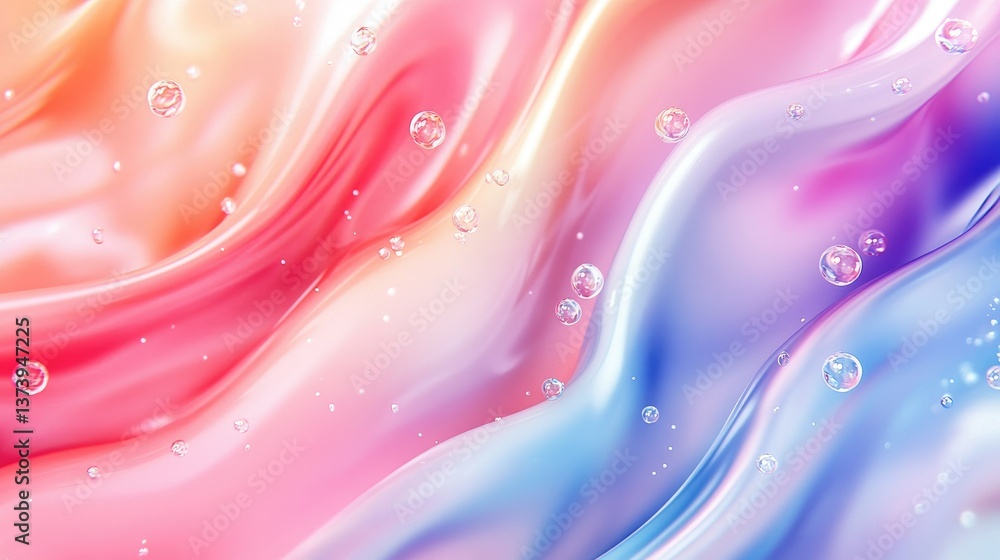 Poster a vibrant and fluid abstract background featuring soft waves in pastel colors with bubbles. ideal fo