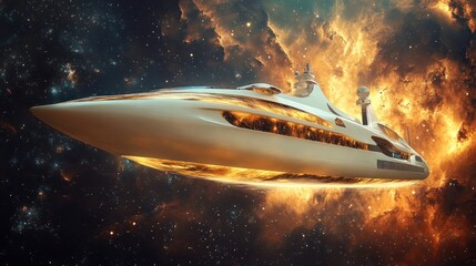 Obraz premium Luxury spaceship cruising nebula, futuristic travel