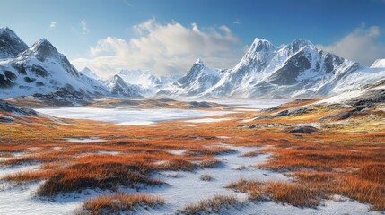 A dramatic tundra landscape with frozen ground, scattered patches of grass, and towering snow-covered mountains in the background.