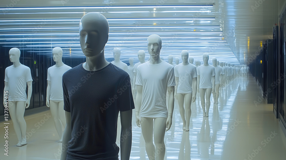 Poster row of white mannequins stands modern, brightly lit space, creating surreal and futuristic atmospher