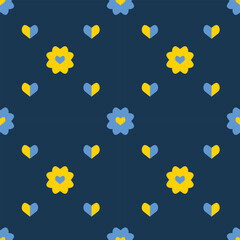 Ukrainian hearts and flowers seamless pattern, dark background,  blue and yellow, sunflower