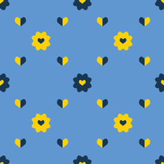 Ukrainian hearts and flowers seamless pattern, blue and yellow, sunflower