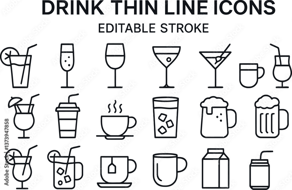 Poster collection of thin line icons representing various drinks suitable for menus, bar lists, or graphic 