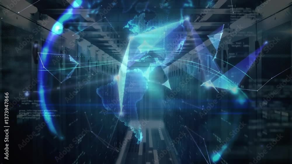 Poster digital world map and data network animation over server room environment