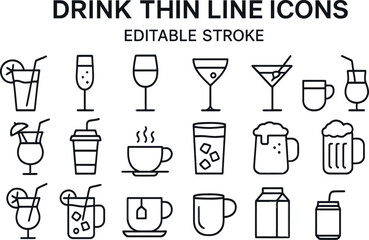 Collection of thin line icons representing various drinks suitable for menus, bar lists, or graphic design projects