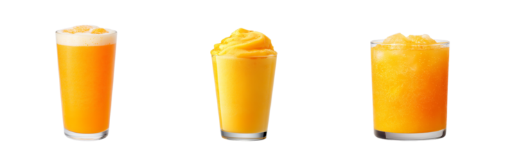 Three refreshing orange fruit smoothies in clear glasses for summer drinks and healthy lifestyle choices transparent background