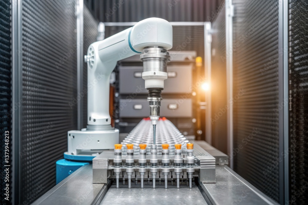 Poster vaccine development advances global health concept. robotic arm assembling components in a modern in