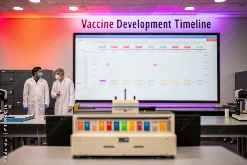 Poster vaccine development advances global health concept. laboratory scene showcasing vaccine development 