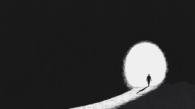 Silhouette of a person walking towards bright light at end