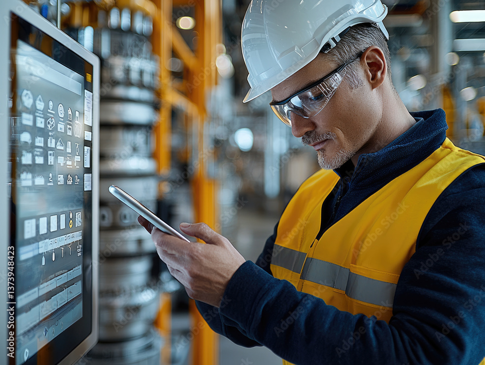 Poster focused engineer in safety helmet and glasses checks his smartphone while standing near control pane