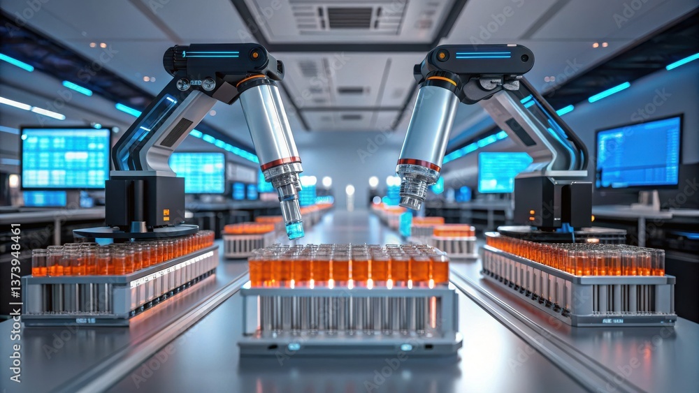 Poster vaccine development advances global health concept. futuristic robotics in a high-tech factory envir