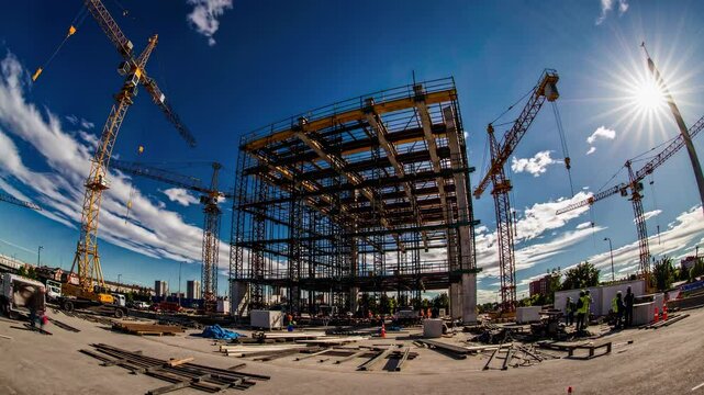 Timelapse of urban construction site with tower cranes and steel framework under clear sky