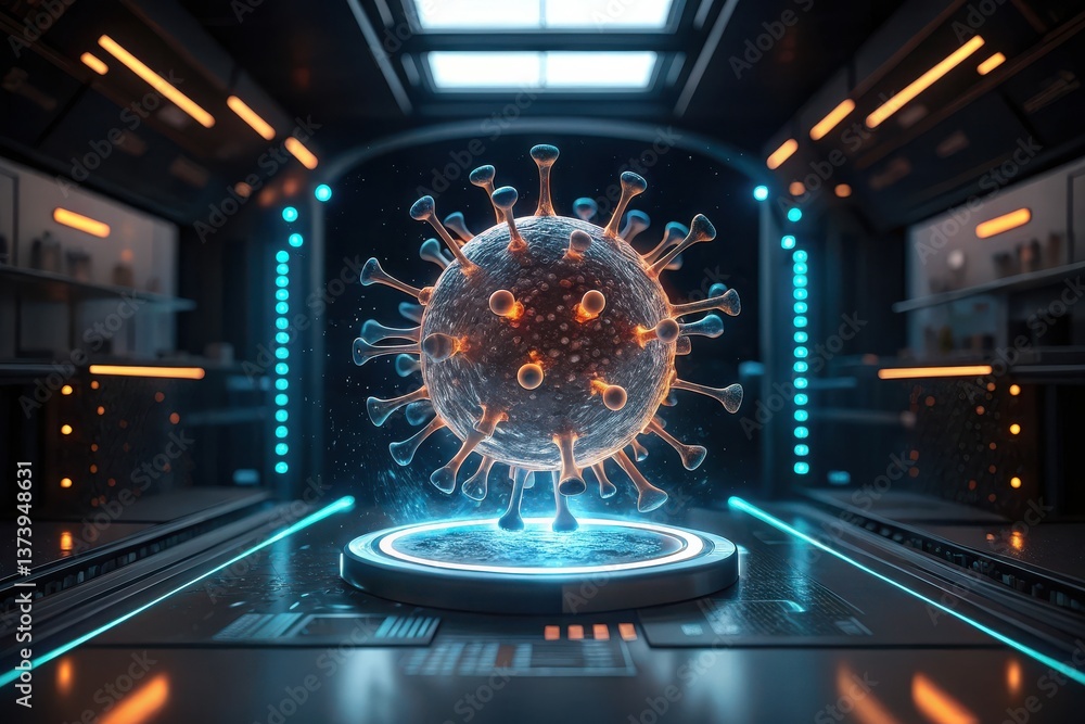 Poster vaccine development advances global health concept. 3d illustration of a virus in a futuristic lab s