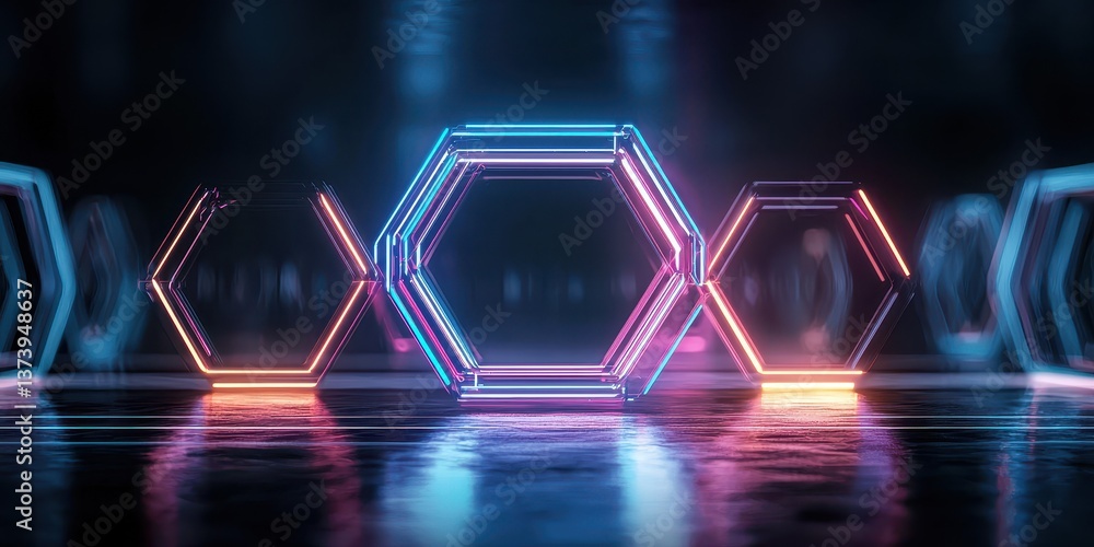 Aufkleber geometric neon shapes illuminated on a dark, reflective surface creating a modern, abstract composit